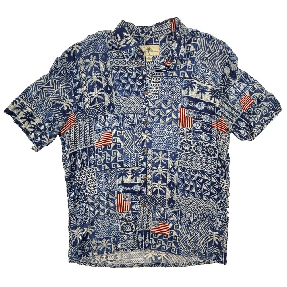 Island Shores Hawaiian‎ Shirt Mens Medium Blue Patchwork Flag Aloha Rayon Button